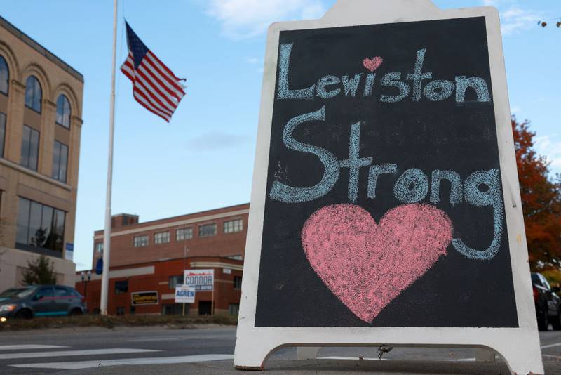 LEWISTON, MAINE - OCTOBER 27: A Lewiston Strong sign is seen after two mass shootings on October 27, 2023 in Lewiston, Maine. Police are actively searching for a suspect, Army reservist Robert Card, who allegedly killed 18 people in a mass shooting at a bowling alley and restaurant in Lewiston, Maine. (Photo by Joe Raedle/Getty Images)