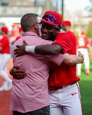 Georgia infielder/outfielder Tre Phelps (1) after Georgia's game against Columbia at Foley Field in Athens, Ga., on Saturday, March 8, 2025. (Conor Dillon/UGAAA)